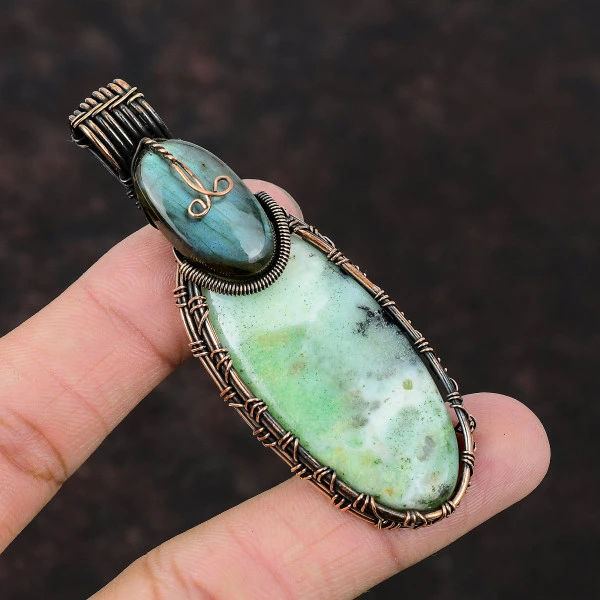 Chrysoprase Oval Green Handmade Copper Wire Wrapped Pendant