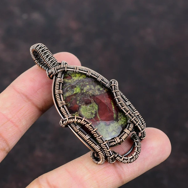 Dragon Bloodstone Oval Green Handmade Copper Wire Wrapped Pendant