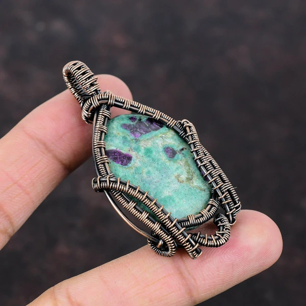 Ruby Fuchsite Oval Green Handmade Copper Wire Wrapped Pendant