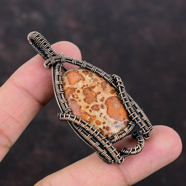 Asteroid Jasper Oval Red Handmade Copper Wire Wrapped Pendant