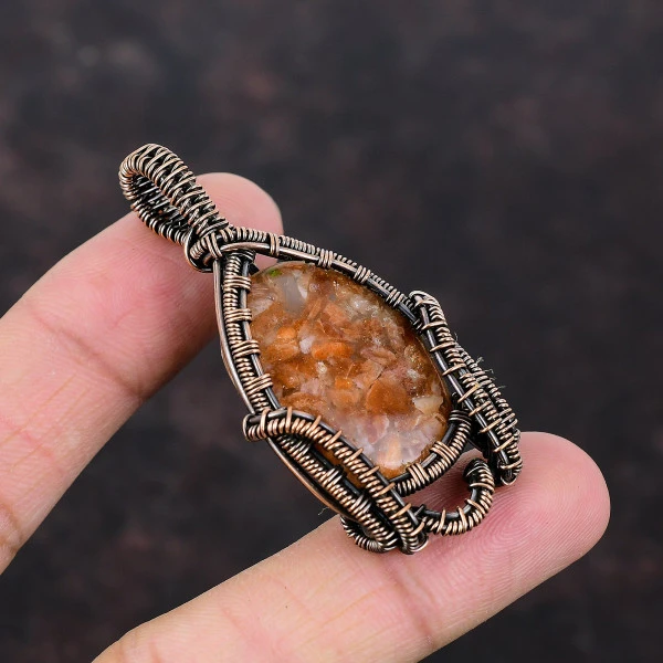 Sunstone Oval Orange Handmade Copper Wire Wrapped Pendant