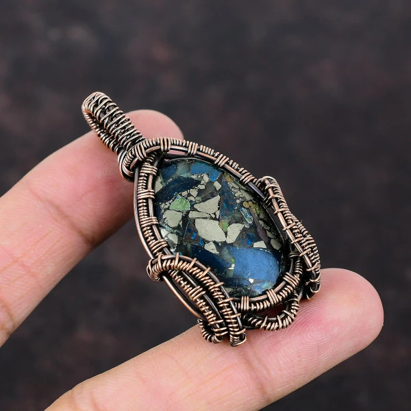 Copper Azurite Malachite Oval Blue Handmade Copper Wire Wrapped Pendant