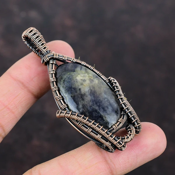 Iolite Oval Blue Handmade Copper Wire Wrapped Pendant