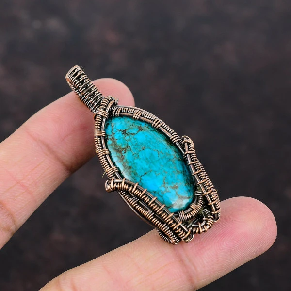 Tibetan Turquoise Oval Blue Handmade Copper Wire Wrapped Pendant