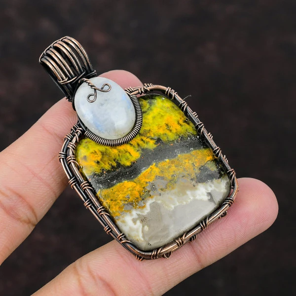 Bumble Bee Jasper Radiant Yellow Handmade Copper Wire Wrapped Pendant