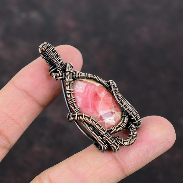 Rhodochrosite Oval Pink Handmade Copper Wire Wrapped Pendant