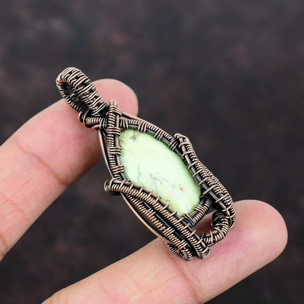 Lemon Chrysoprase Oval Green Handmade Copper Wire Wrapped Pendant