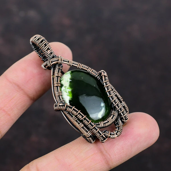 Australian Chrome Chalcedony Oval Green Handmade Copper Wire Wrapped Pendant