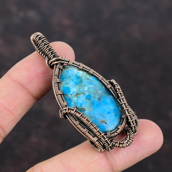Neon Apatite Oval Blue Handmade Copper Wire Wrapped Pendant