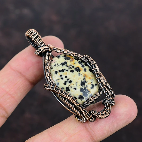 Dalmatian Jasper Oval Black Handmade Copper Wire Wrapped Pendant