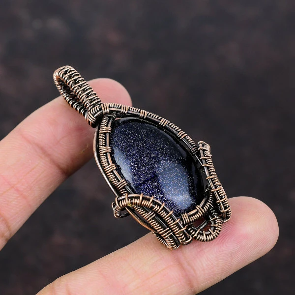 Blue Sunstone Oval Blue Handmade Copper Wire Wrapped Pendant