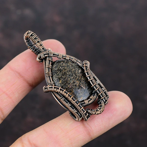 Dinosaur Bone Oval Brown Handmade Copper Wire Wrapped Pendant