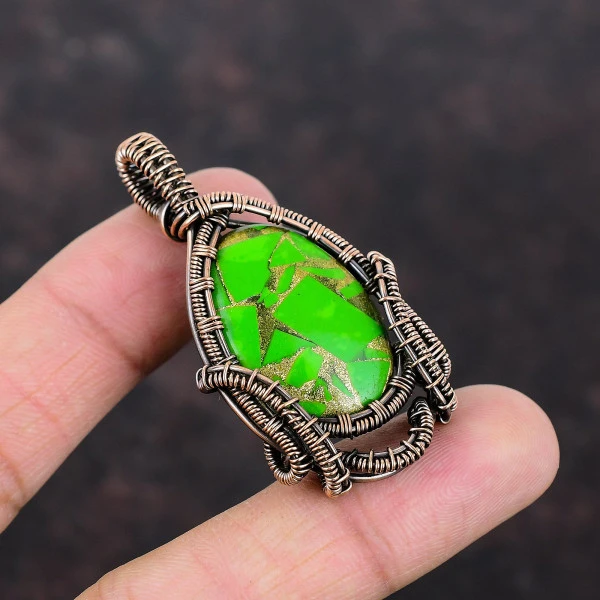 Copper Green Turquoise Oval Green Handmade Copper Wire Wrapped Pendant