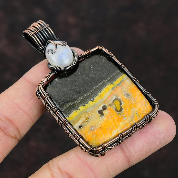 Bumble Bee Jasper Radiant Yellow Handmade Copper Wire Wrapped Pendant
