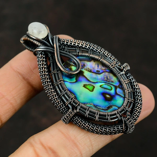 Abalone Shell Oval Green Handmade Copper Wire Wrapped Pendant