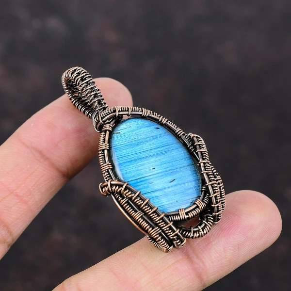 Labradorite Oval Blue Handmade Copper Wire Wrapped Pendant