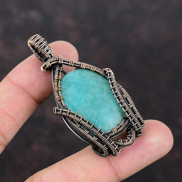 Amazonite Oval Green Handmade Copper Wire Wrapped Pendant