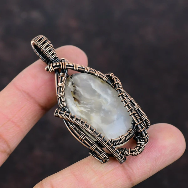 Plume Agate Oval White Handmade Copper Wire Wrapped Pendant
