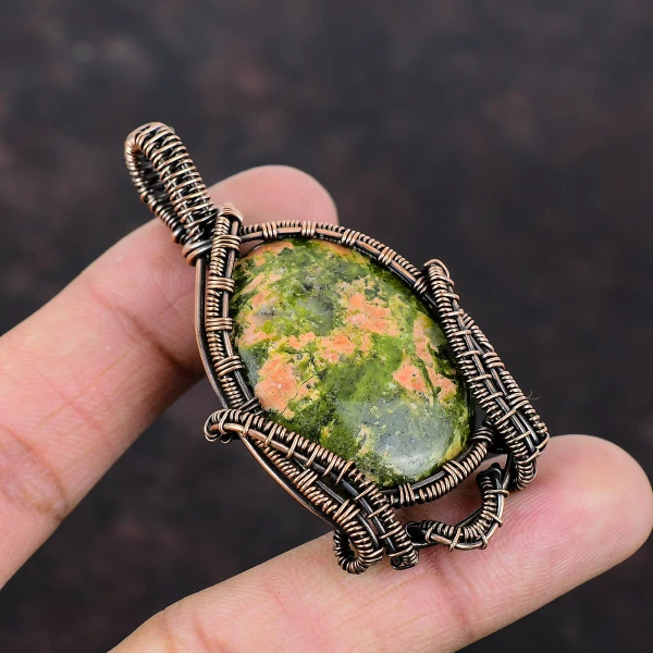 Unakite Oval Green Handmade Copper Wire Wrapped Pendant