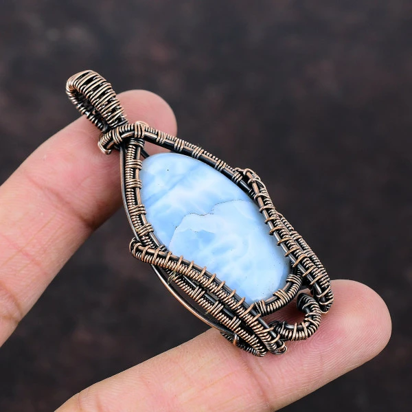 Owyhee Blue Opal Oval Blue Handmade Copper Wire Wrapped Pendant