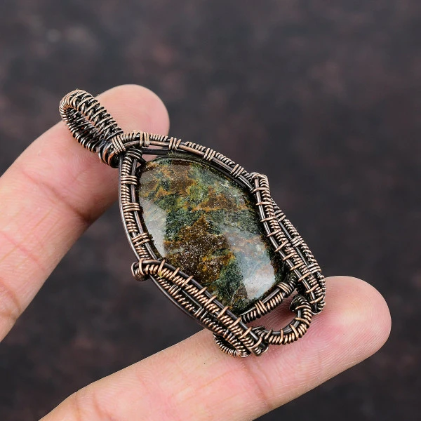 Spessartine Garnet in Limestone Oval Green Handmade Copper Wire Wrapped Pendant