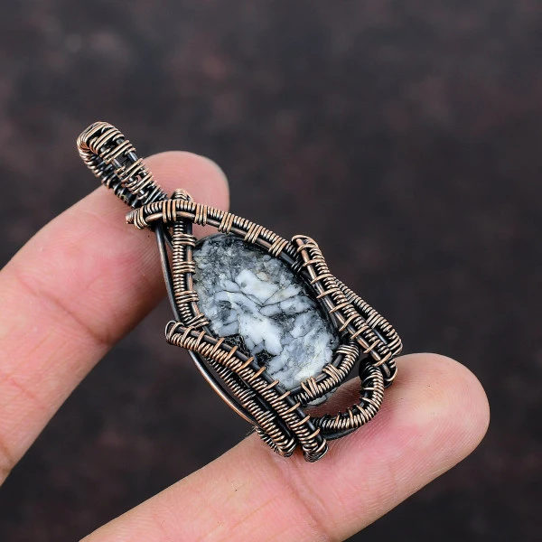 Pinolith Jasper Oval Black Handmade Copper Wire Wrapped Pendant