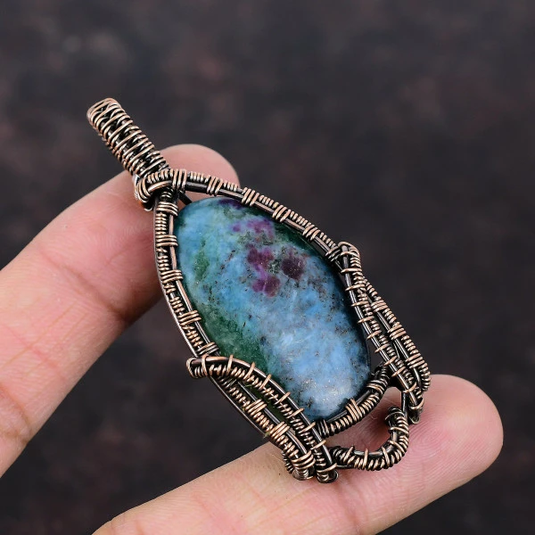 Ruby In Blue Kyanite Oval Blue Handmade Copper Wire Wrapped Pendant