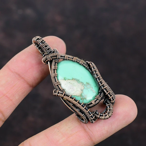 Variscite Oval Green Handmade Copper Wire Wrapped Pendant