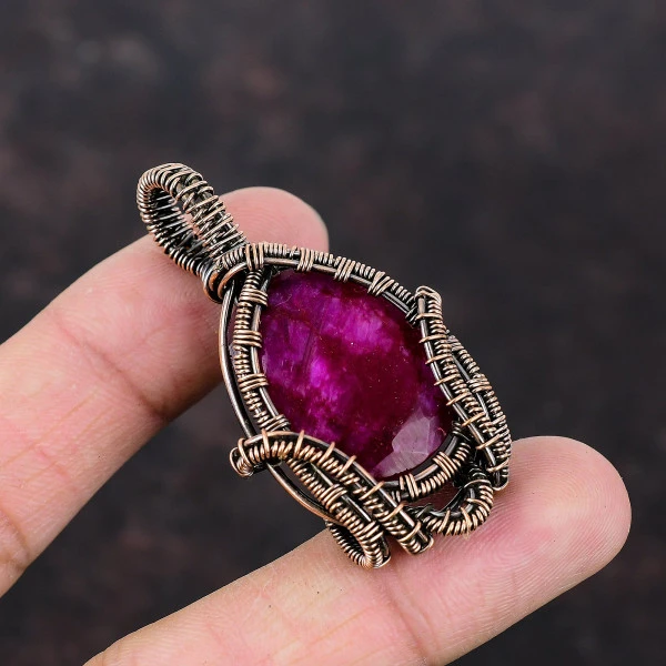 Kashmir Ruby Oval Red Handmade Copper Wire Wrapped Pendant