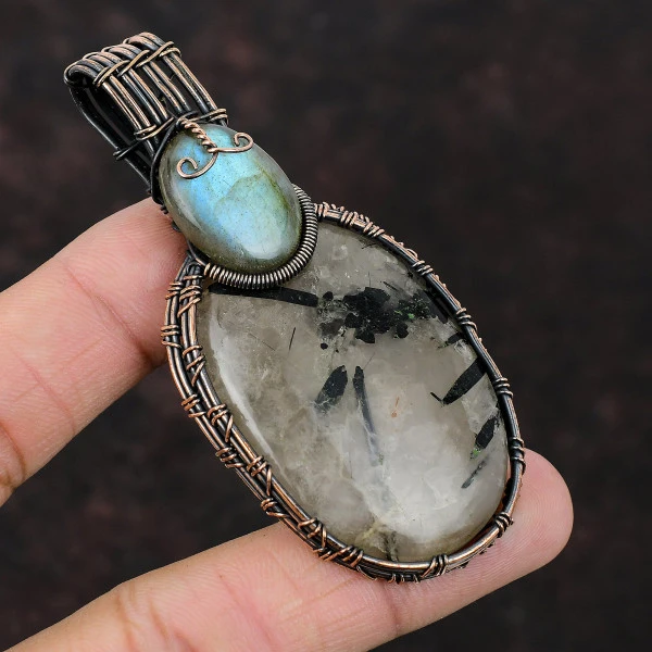 Black Rutile Oval White Handmade Copper Wire Wrapped Pendant