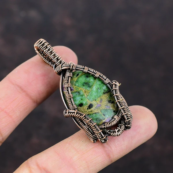 Copper Ruby Zoisite Oval Green Handmade Copper Wire Wrapped Pendant