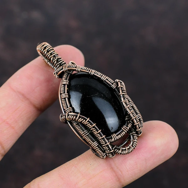 Black Onyx Oval Black Handmade Copper Wire Wrapped Pendant
