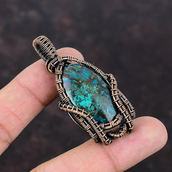 Chrysocolla Oval Blue Handmade Copper Wire Wrapped Pendant