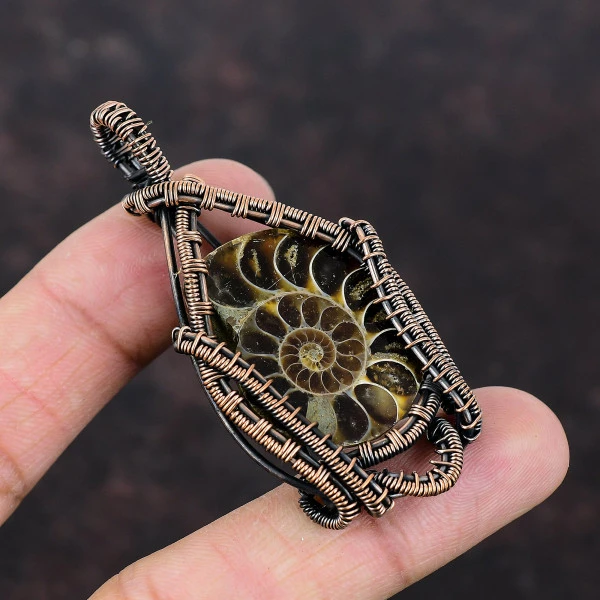 Ammonite Fossil Pear Brown Handmade Copper Wire Wrapped Pendant