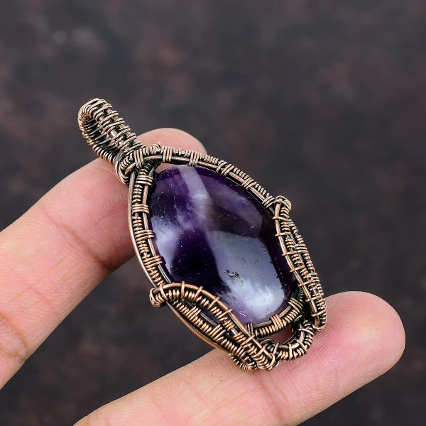 Chevron Amethyst Oval Purple Handmade Copper Wire Wrapped Pendant
