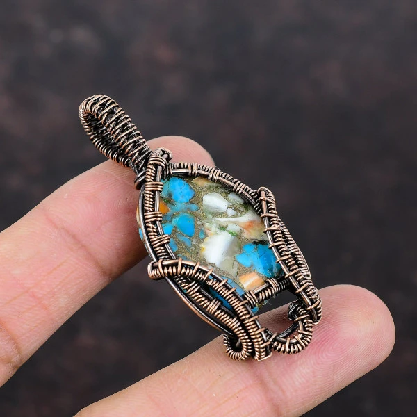 Spiny Oyster Copper Turquoise Oval Blue Handmade Copper Wire Wrapped Pendant