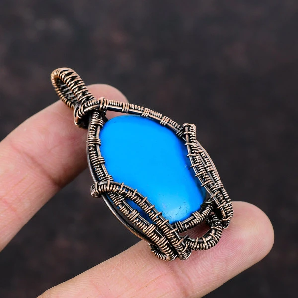 Sleeping Beauty Turquoise Oval Blue Handmade Copper Wire Wrapped Pendant