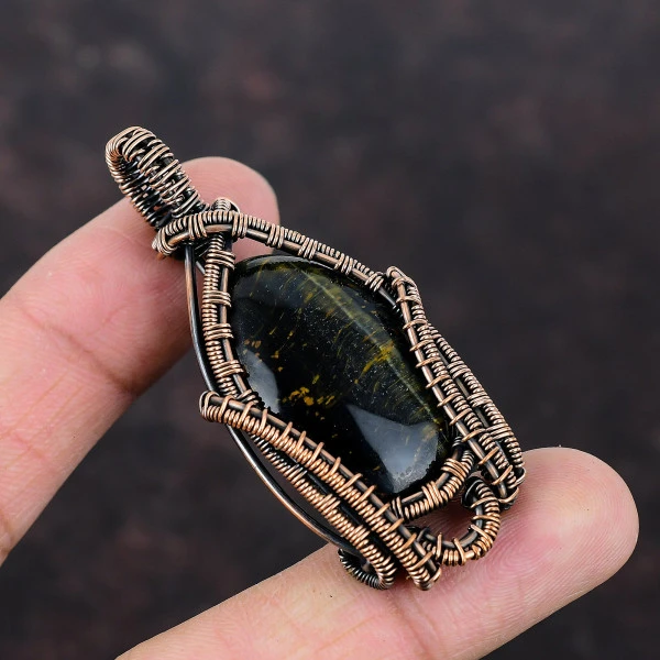 Nellite Oval Black Handmade Copper Wire Wrapped Pendant