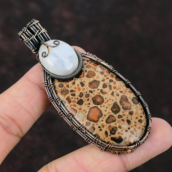 Asteroid Jasper Oval Brown Handmade Copper Wire Wrapped Pendant