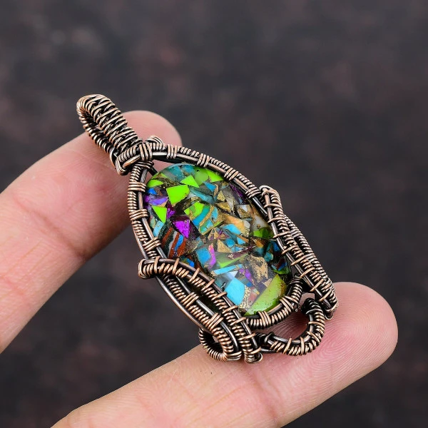 Fiesta Kingman Turquoise Oval Green Handmade Copper Wire Wrapped Pendant
