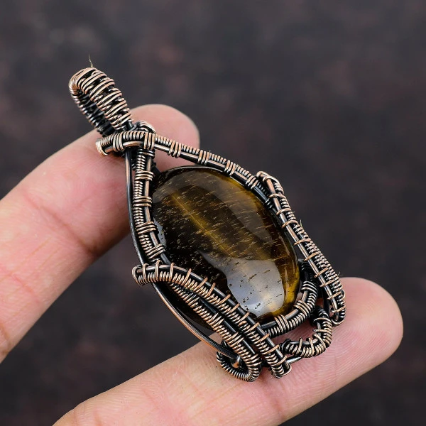 Tiger's Eye Oval Brown Handmade Copper Wire Wrapped Pendant