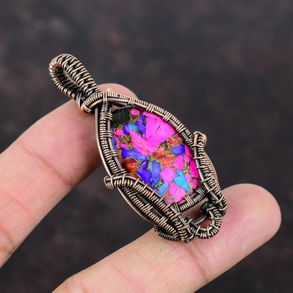Natural Kingman Pink Dahlia Turquoise Oval Pink Handmade Copper Wire Wrapped Pendant