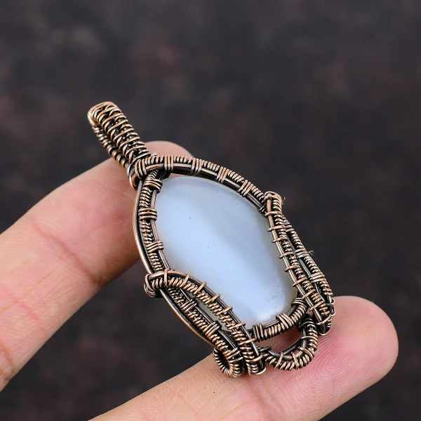 Botswana Agate Oval White Handmade Copper Wire Wrapped Pendant