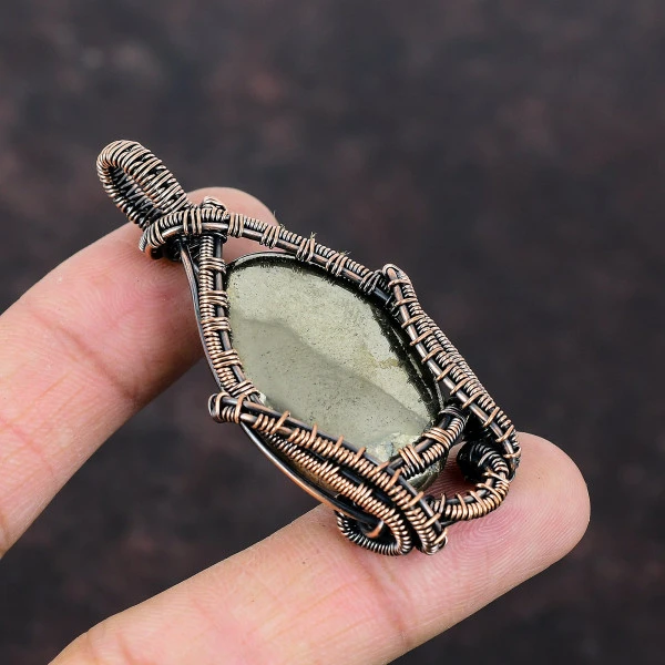 Pyrite Oval Gold Handmade Copper Wire Wrapped Pendant