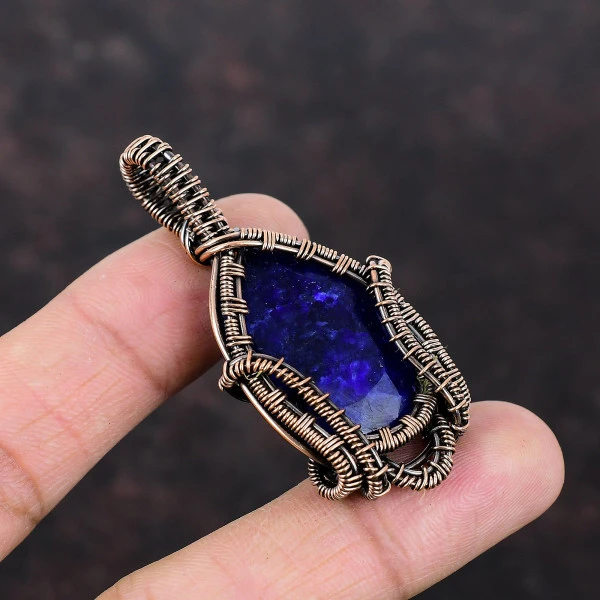 Blue Sapphire Oval Blue Handmade Copper Wire Wrapped Pendant