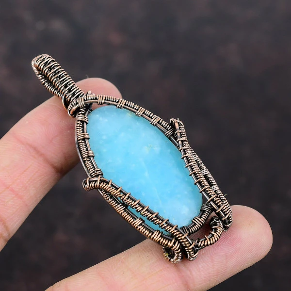 Hemimorphite Oval Blue Handmade Copper Wire Wrapped Pendant