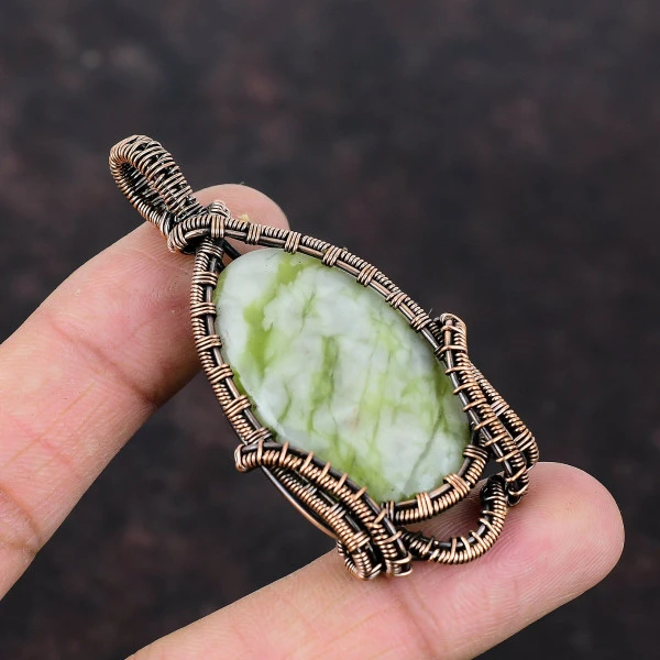 Green Aragonite Oval Green Handmade Copper Wire Wrapped Pendant