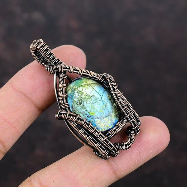 Mystic Fire Labradorite Oval Gray Handmade Copper Wire Wrapped Pendant