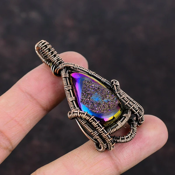 Titanium Druzy Pear Pink Handmade Copper Wire Wrapped Pendant