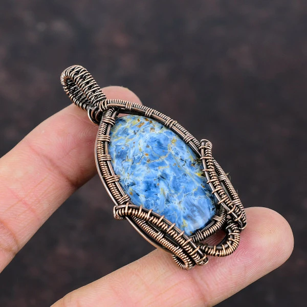 Pietersite Oval Blue Handmade Copper Wire Wrapped Pendant